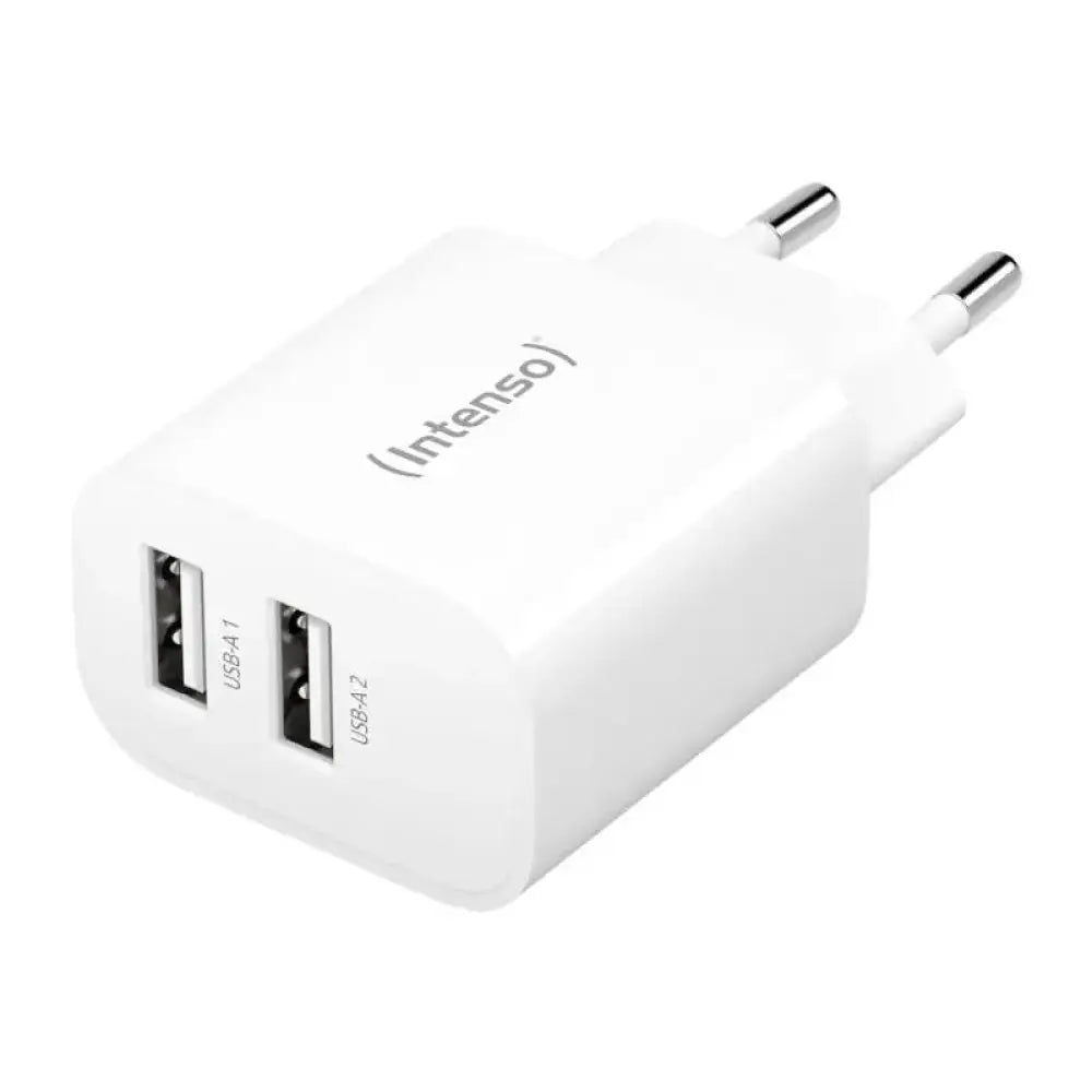 Cargador de pared Intenso W24AA con 2 puertos USB-A en color blanco, diseño compacto y práctico para cargar dispositivos.