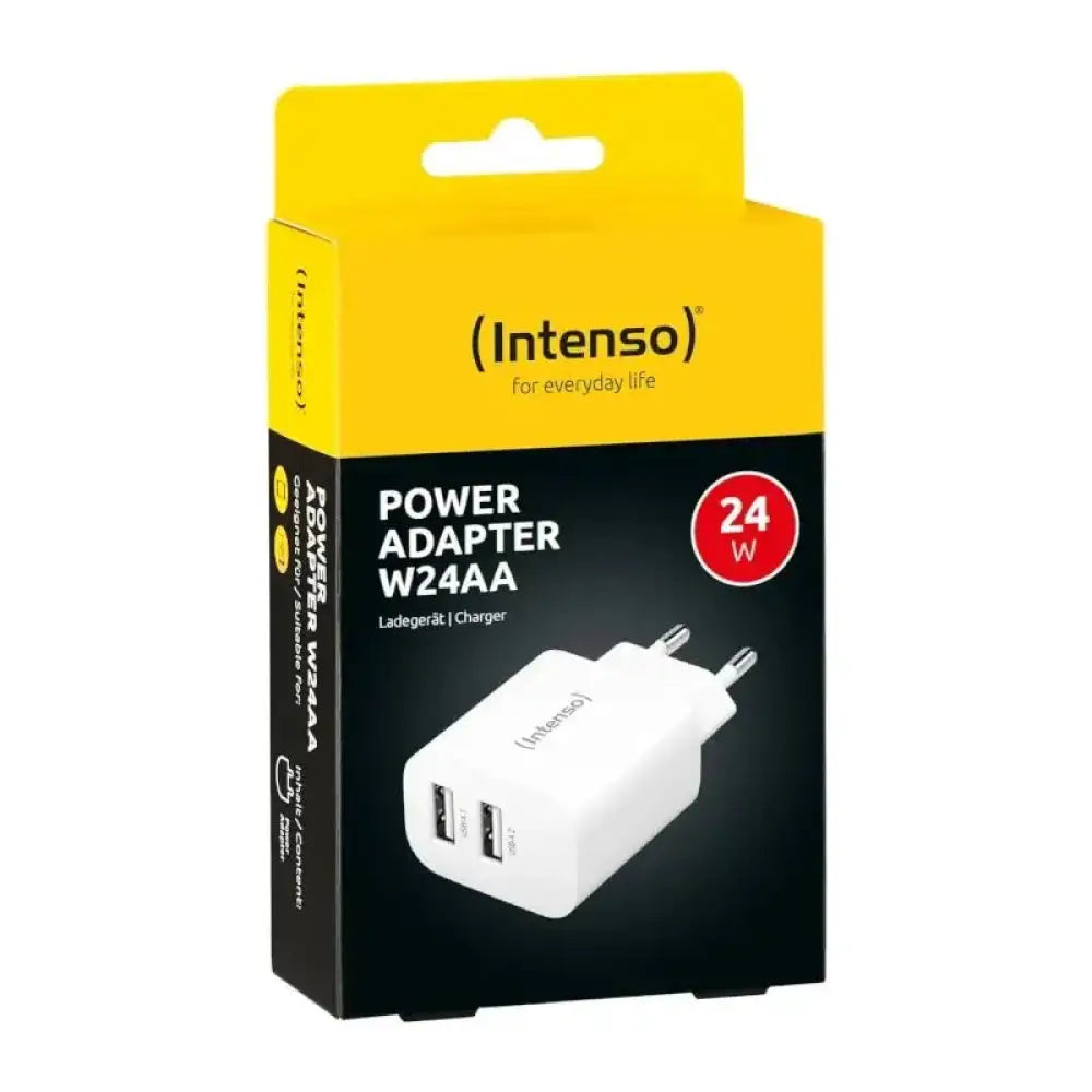Cargador de pared Intenso W24AA en blanco con 2 puertos USB-A para cargar dispositivos rápidamente.