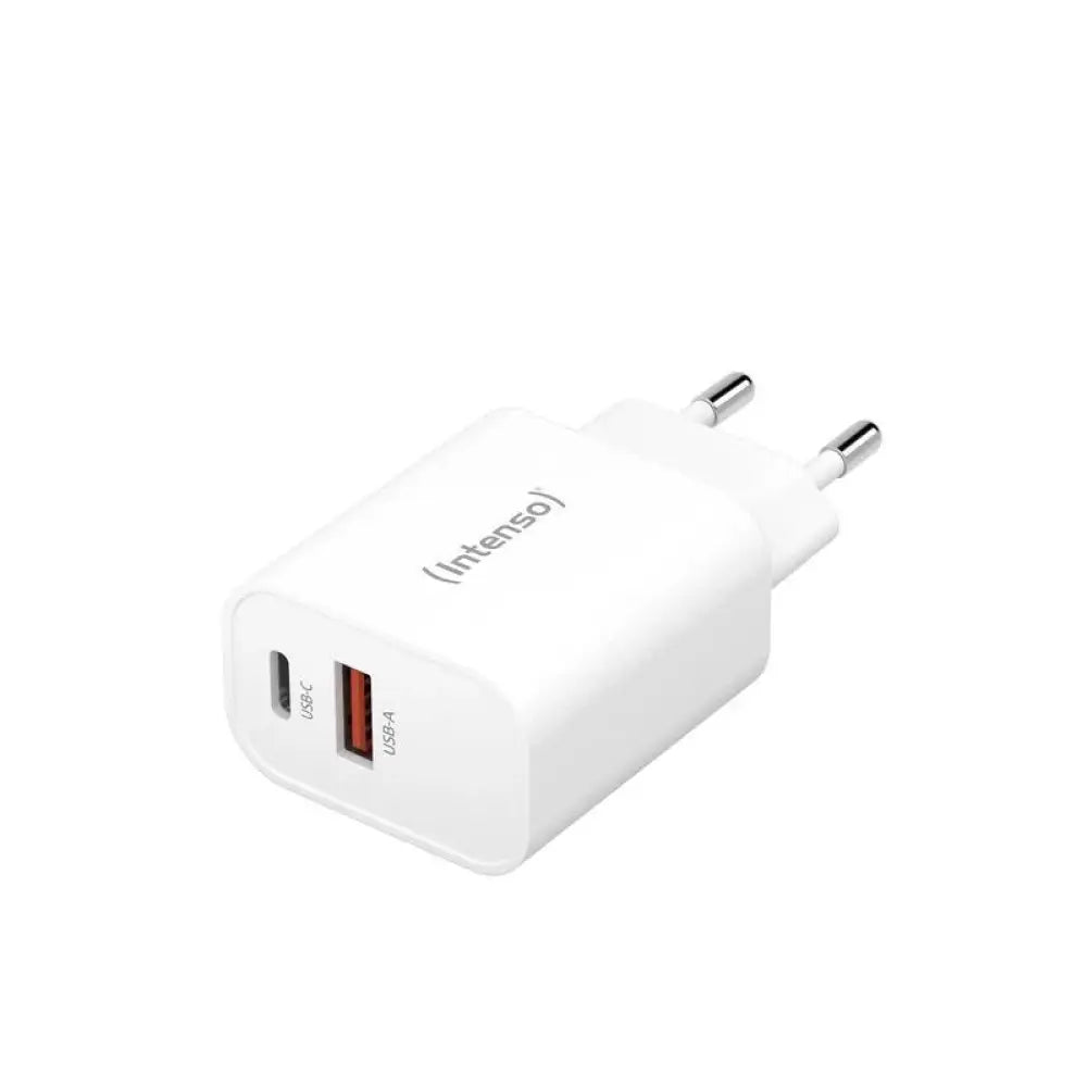 Cargador de pared INTENSO W30AC con puertos USB-A y USB-C para carga rápida y eficiente.