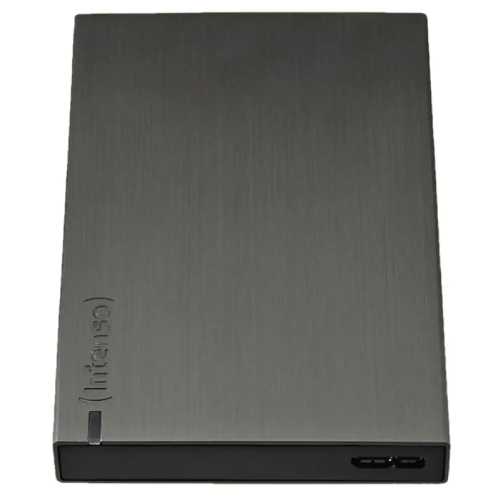 Disco duro externo INTENSO de 1TB de 2.5 pulgadas con carcasa de aluminio y conexión USB 3.0 en color gris.
