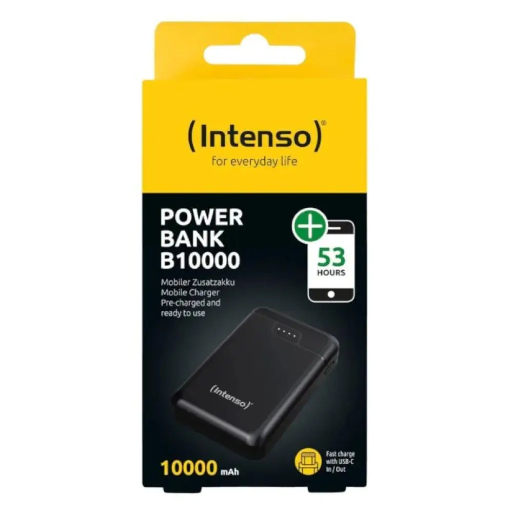 PowerBank INTENSO B10000 de 10000 mAh en color negro, carga rápida y portátil para dispositivos móviles.