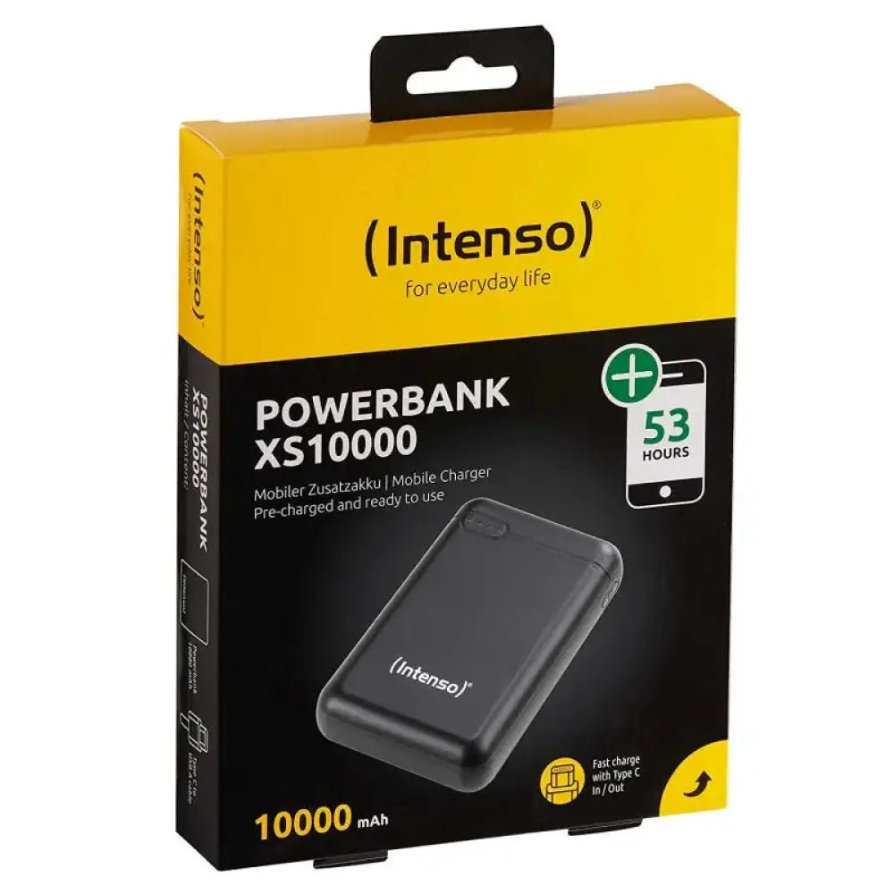 PowerBank INTENSO XS10000 de 10000mAh en color negro, cargador portátil compacto y de alta capacidad para dispositivos electrónicos.