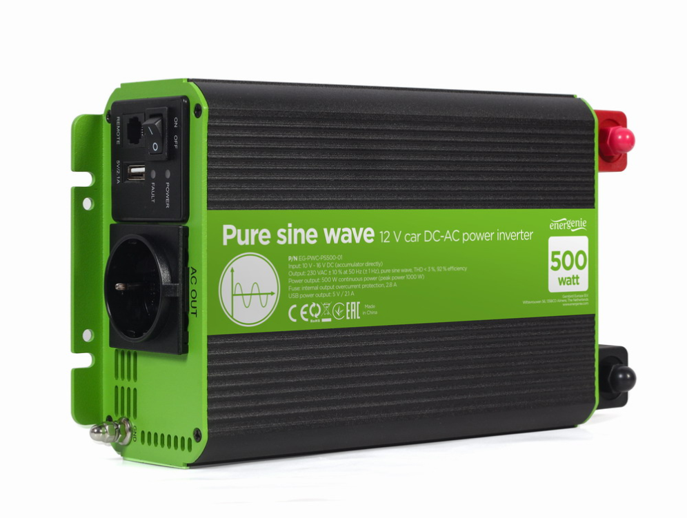EnerGenie EG-PWC-PS500-01 adaptador e inversor de corriente Auto 500 W Negro. Verde