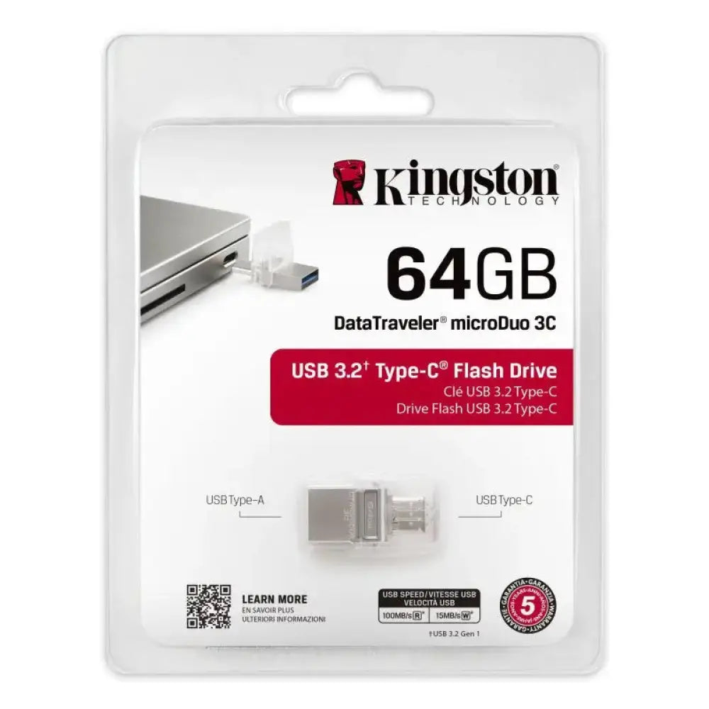 Pendrive USB Kingston DataTraveler MicroDuo 3C 64GB USB 3.2, compacto y portátil, con doble conectividad para dispositivos inteligentes.