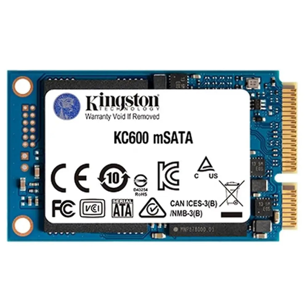 Disco duro interno SSD Kingston SKC600MS de 256GB TLC 3D mSATA, vista frontal con etiqueta y conexiones.