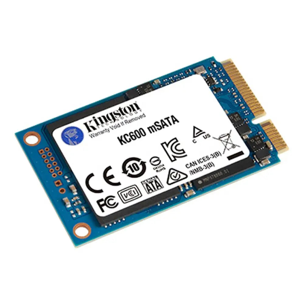 Disco duro interno SSD Kingston SKC600MS/256G de 256GB TLC 3D mSATA, con componentes electrónicos y conexión mSATA visible