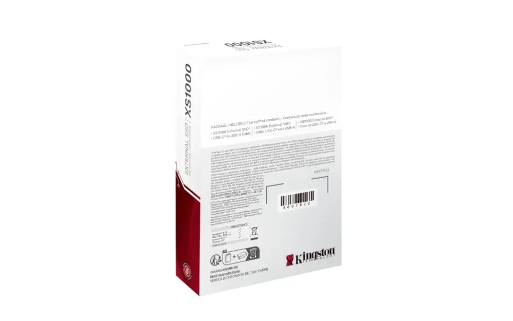 Disco duro externo SSD Kingston XS1000 de 1TB con conexión USB 3.2 Gen 2 y diseño compacto en color negro.