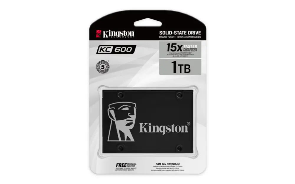 Disco duro interno SSD Kingston KC600 SATA3 de 2.5 pulgadas y 1024 GB, vista lateral del dispositivo de almacenamiento.