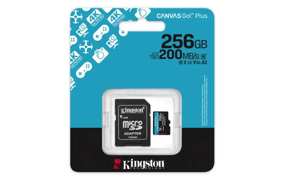 Kingston Technology Tarjeta microSDXC Canvas Go Plus Gen4 de 256 GB. 200 MB/s. A2 U3 V30 y adaptador - detalle