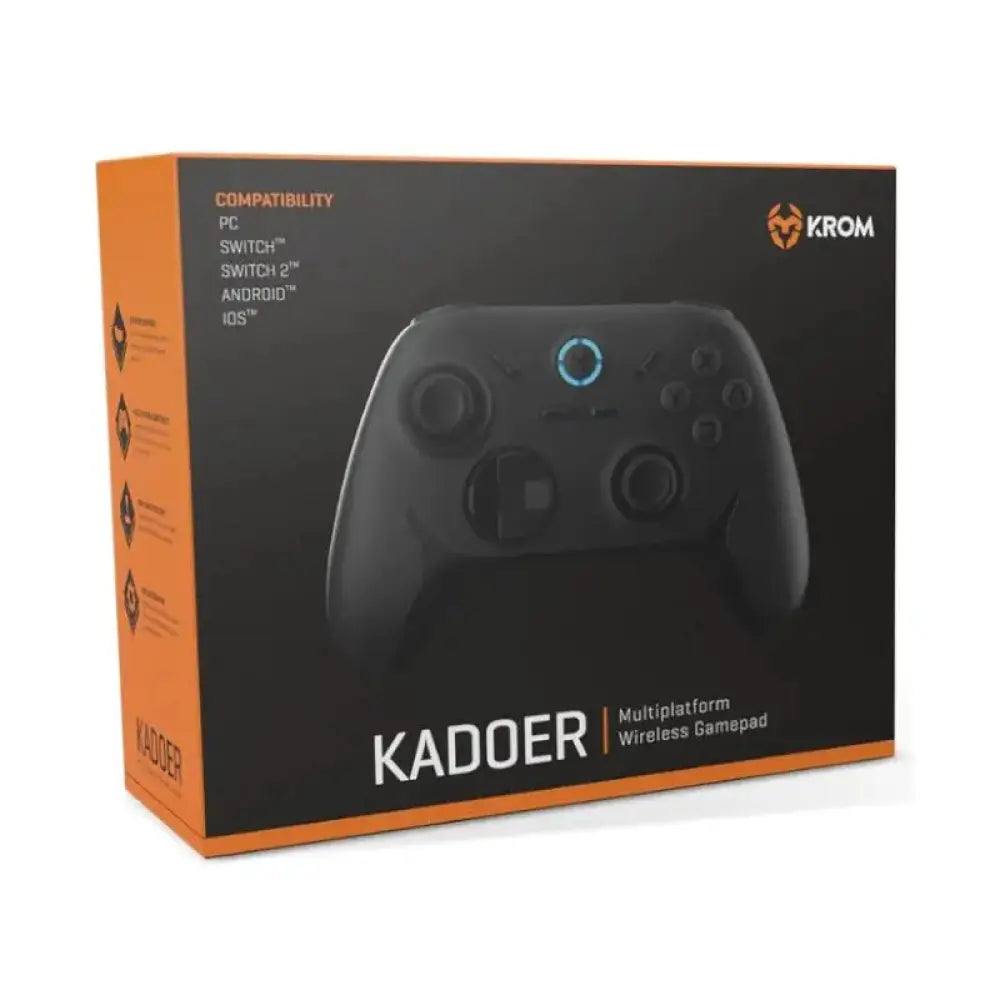 Controlador gaming inalámbrico KROM KADOER en color negro, soporte multiplataforma y tecnología Bluetooth 5.0.