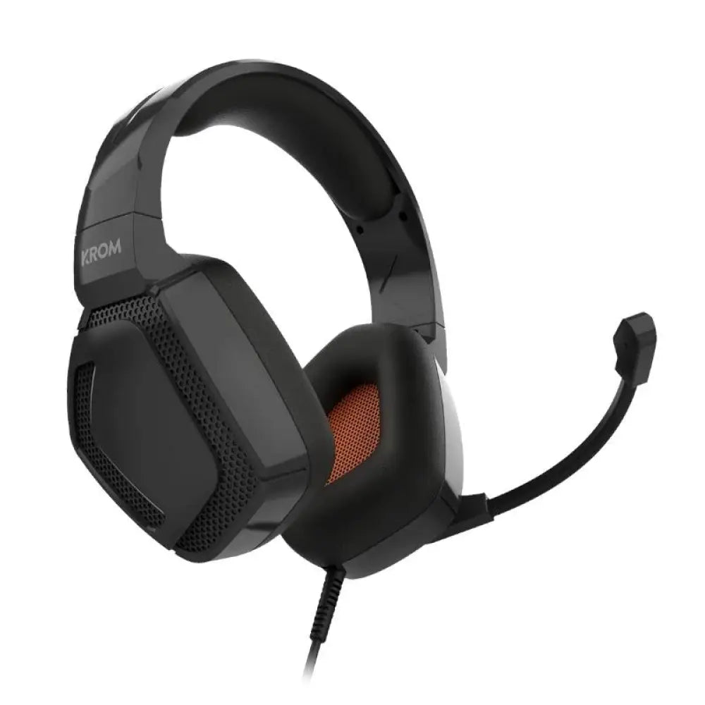 Auriculares gaming KROM KOPA PRO con micrófono, diseño stereo y diadema ajustable para videojuegos.
