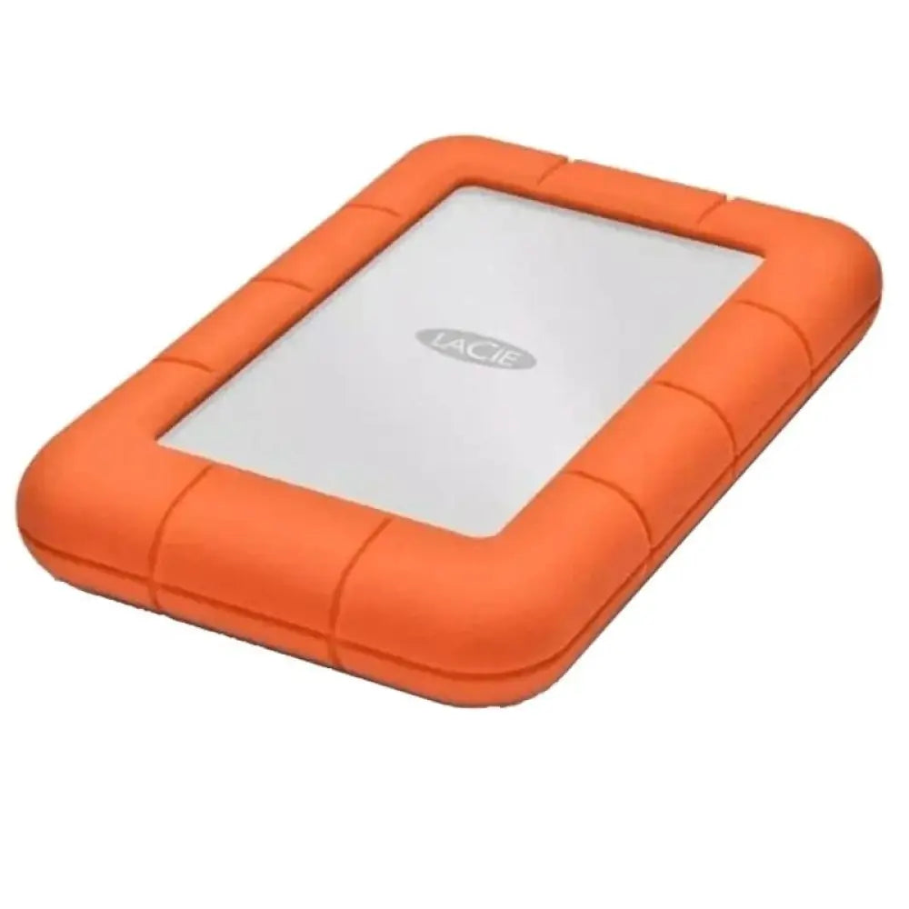 Disco externo LaCie Rugged Mini de 2TB, 2.5 pulgadas con puerto USB-C, resistente y portátil para almacenamiento de datos.