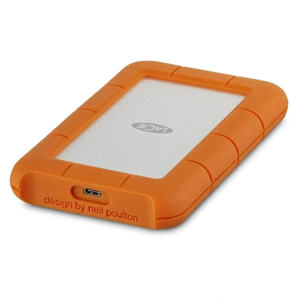 Disco externo LaCie Rugged Mini de 5TB, 2.5 pulgadas con conexión USB-C, resistente y portátil para almacenamiento seguro.