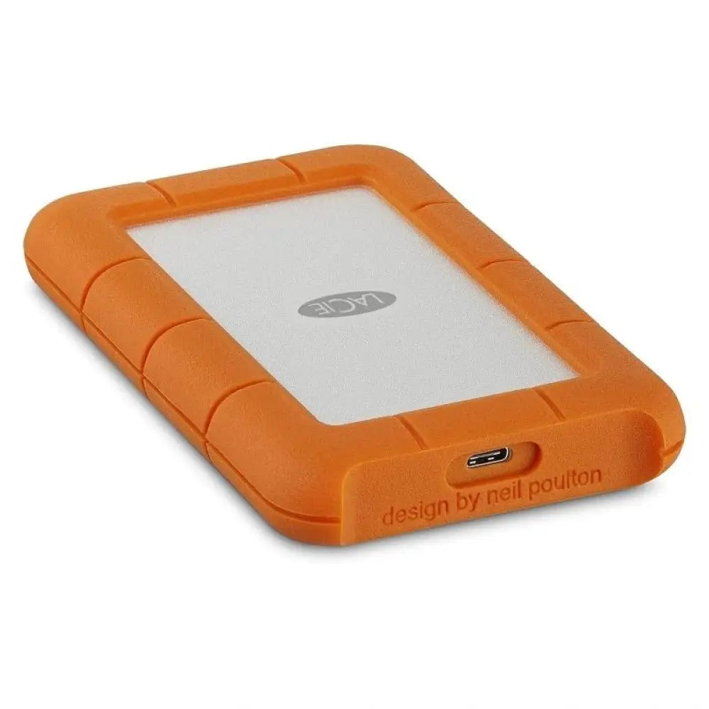 Disco externo LaCie Rugged Mini de 5TB, resistente y compacto, con conexión USB-C para almacenamiento portátil.