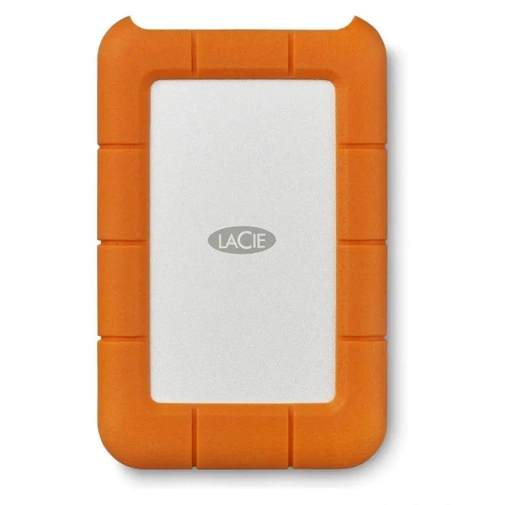 Disco externo LaCie Rugged Mini de 5TB de 2.5 pulgadas con conexión USB-C, resistente y portátil.