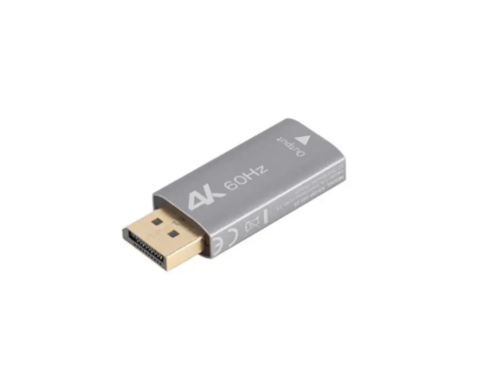 Adaptador de cable de vídeo LANBERG DisplayPort a HDMI tipo A, plateado, con conector hembra para conexión de vídeo digital.