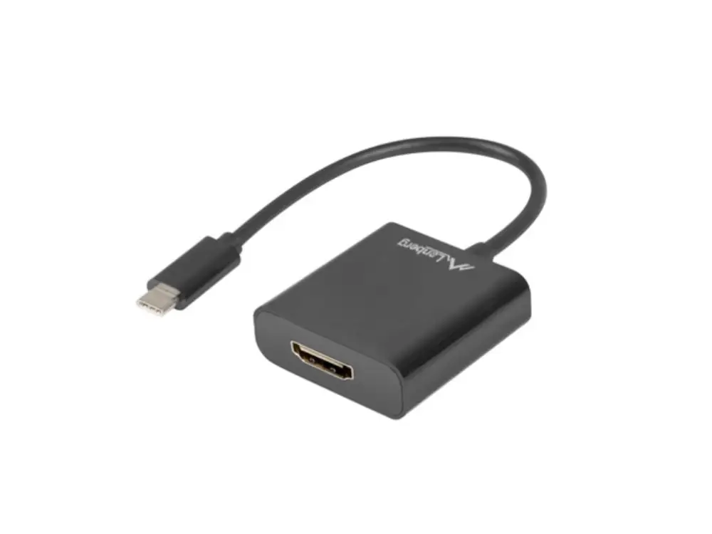 Adaptador gráfico USB LANBERG AD-UC-HD-01 en color negro, con puerto HDMI y DisplayPort, para conexión de monitores.