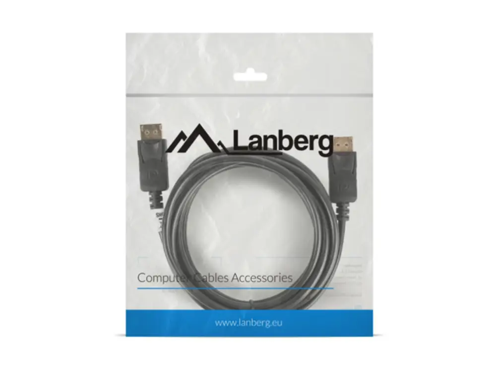 Cable DisplayPort LANBERG negro de 3 metros, macho a macho, para transmisión 4K en alta calidad.
