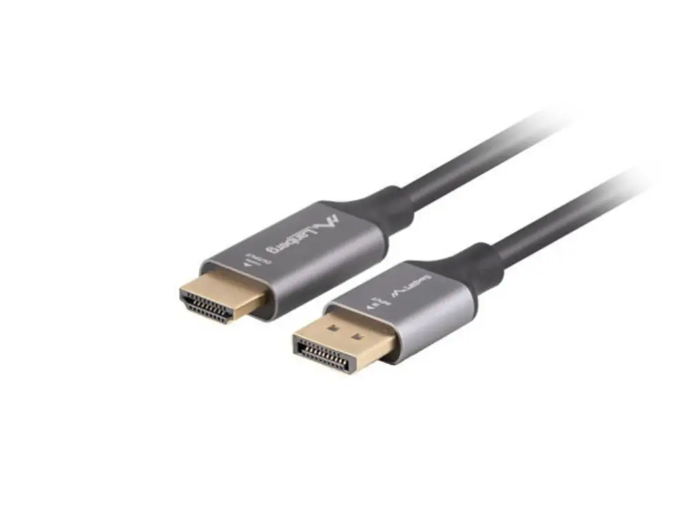 Adaptador de cable de vídeo LANBERG DisplayPort a HDMI 1 m, negro y plata, para conexión de dispositivos 4K.