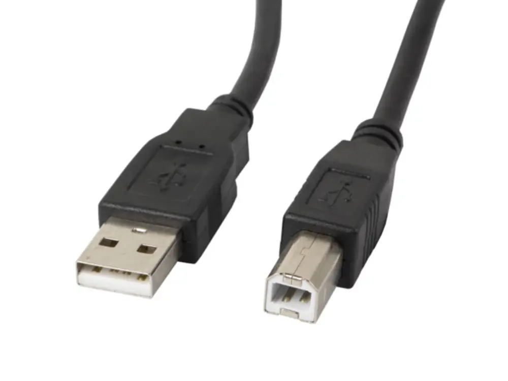 Cable USB 2.0 LANBERG de 3 m en color negro con conector USB B macho a USB A macho.