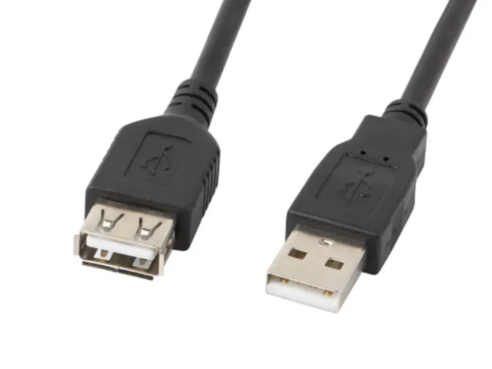 Cable USB 2.0 Lanberg de 0.7 m negro con conector macho a hembra, ideal para alargadores y conexiones confiables