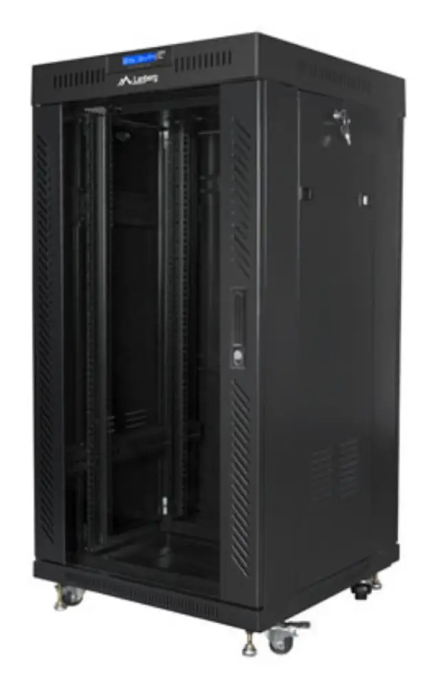 Armario rack LANBERG FF01-6622-12BL de 22U en negro con puerta de cristal y LCD para almacenamiento profesional