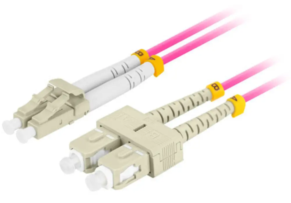 Cable de fibra óptica Lanberg de 1 m con conectores LC a SC, dúplex, color violeta, para conexiones de alta velocidad.