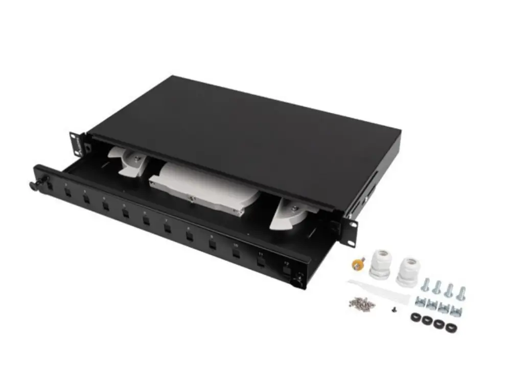 Panel de parcheo LANBERG FOP1-12SS-LDB 1U con puertos SC y LC para fibra óptica en montaje en rack.