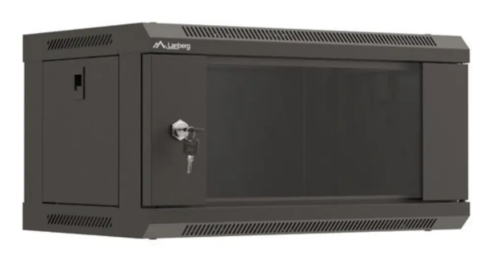 Armario rack Lanberg WF03-5304-10B 4U de pared en negro con puerta de cristal, para almacenamiento de equipos electrónicos.