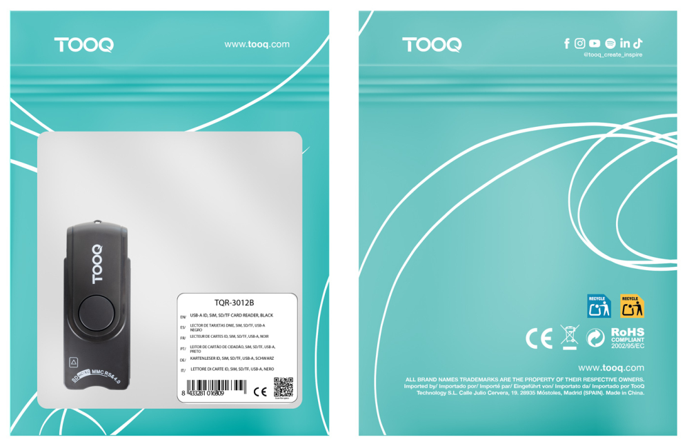 LECTOR TARJETAS TOOQ DNIE SIM SD/TF USB-A NEGRO - detalle