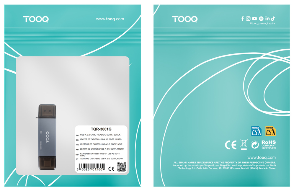 LECTOR TARJETAS TOOQ USB 3.0 (USB-C+USB-A) SD/TF GRIS - detalle