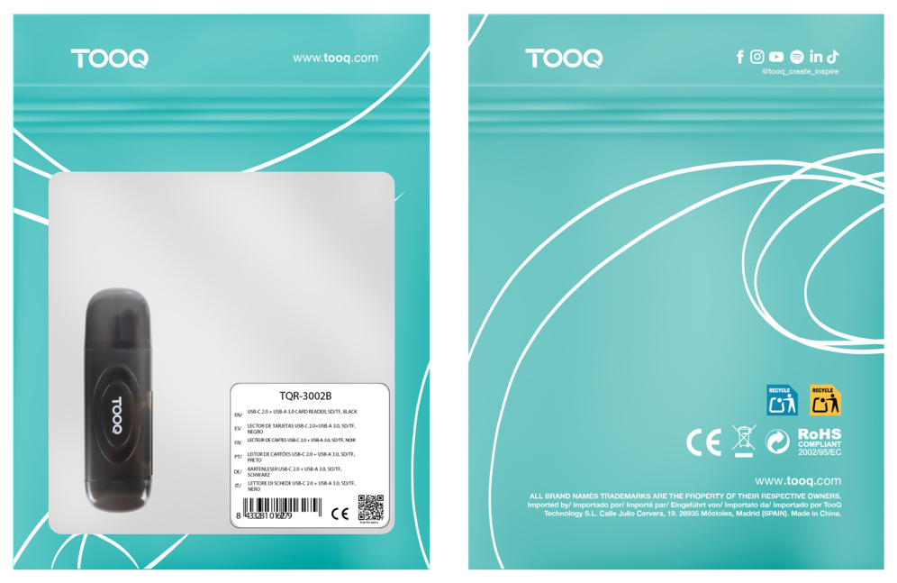 LECTOR TARJETAS TOOQ USB-A 3.0 SD/TF NEGRO - detalle