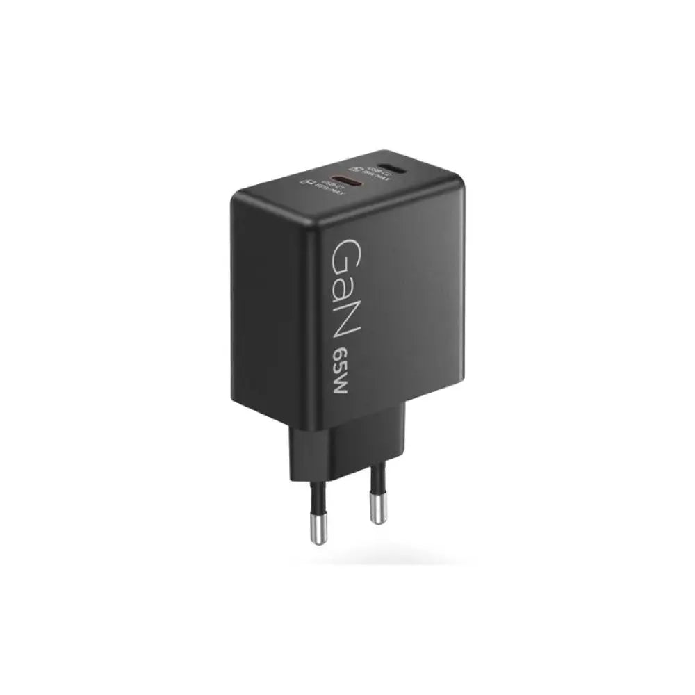 Cargador dual USB-C Lenovo de 65W en color negro, compatible con laptops y dispositivos electrónicos, visible en la imagen.