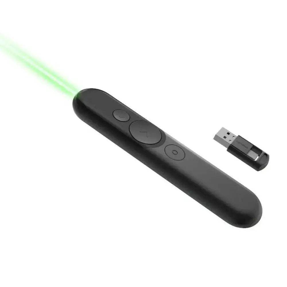 Ratón inalámbrico Lenovo con control remoto de presentación láser recargable, diseñado para facilitar presentaciones y control multimedia.