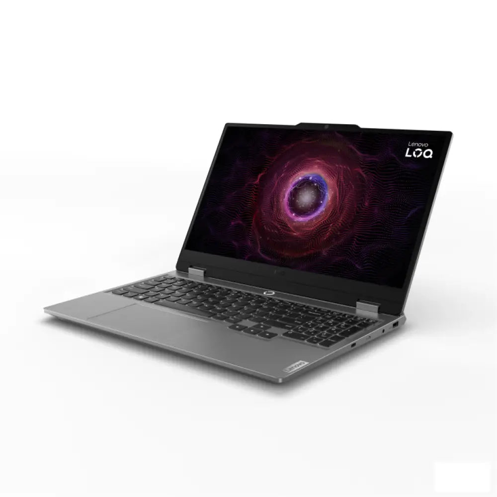 Portátil Lenovo LOQ 15ARP9 con pantalla Full HD, procesador AMD Ryzen 7, 24GB RAM, tarjeta NVIDIA RTX 4050 y diseño gris.