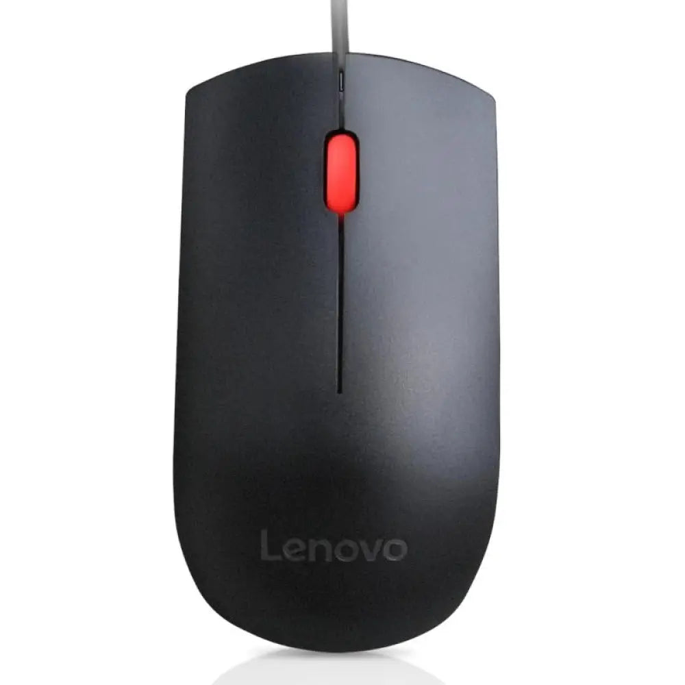 Ratón con cable Lenovo USB Essential, vista superior mostrando botones y rueda de desplazamiento sobre fondo blanco.