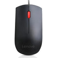 Ratón con cable Lenovo USB Essential, vista superior mostrando botones y rueda de desplazamiento sobre fondo blanco.