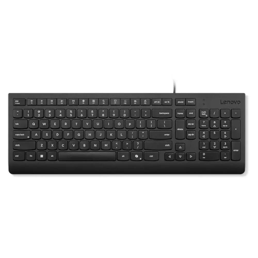 Teclado con cable USB Lenovo, teclado USB de tamaño completo con teclas negras y diseño simple, en uso sobre escritorio.