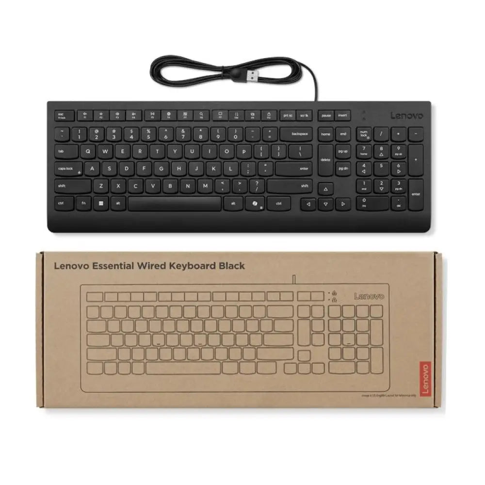Teclado con cable USB Lenovo, teclado USB negro con teclas estándar, vista lateral del teclado en imagen.