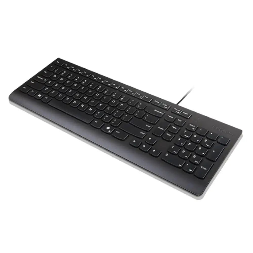 Teclado con cable USB de Lenovo, teclado de computadora con teclas en color negro y diseño sencillo.