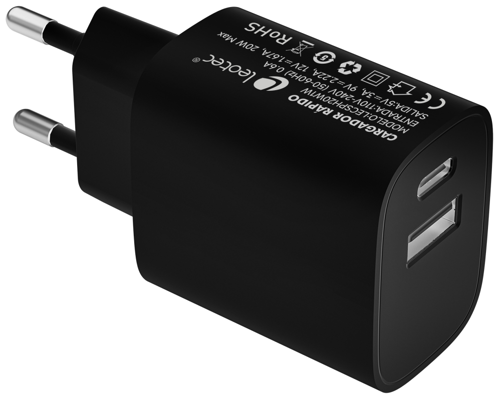 LEOTEC CARGADOR 20W CARGA RAPIDA 1 USB TIPO-C PD 1 USB-A NEGRO