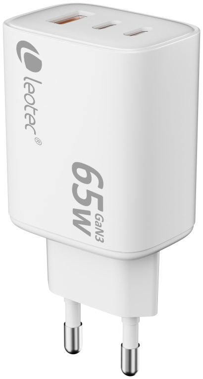 LEOTEC CARGADOR 65W GAN ULTRA SLIM 2 USB C PD+1 USB A BLANCO (APPLE Y SAMSUNG) - detalle