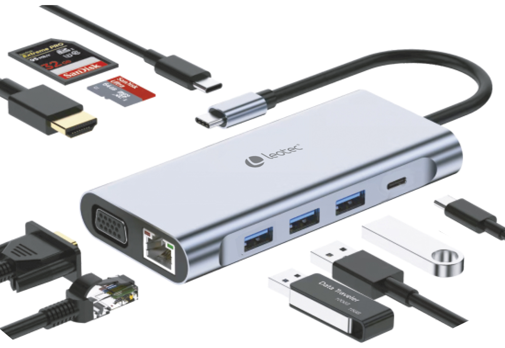 LEOTEC DOCKING STATION 11-1 1USB-C PD100 3USB3.0 1USB-C 1 HDMI 1VGA 1TJSD MCSD - detalle