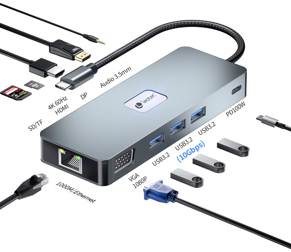 LEOTEC DOCKING STATION 11-1 PLUS 1USB-C PD100 3USB3.2 HDMI VGA GGL LECTJSD MCSD - detalle