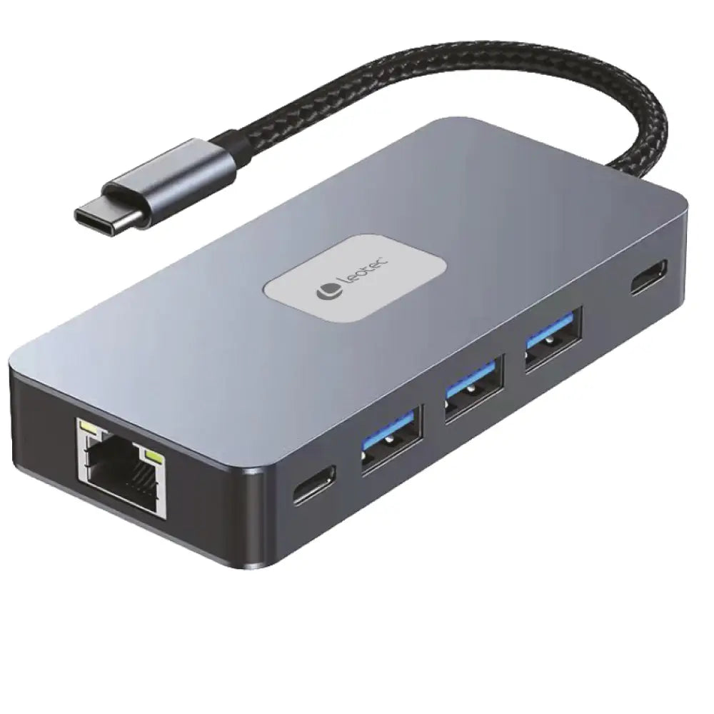 Base para portátil LEOTEC LEDS02 con replicador de puertos y acoplamiento, mostrando puertos USB y otros conectores.