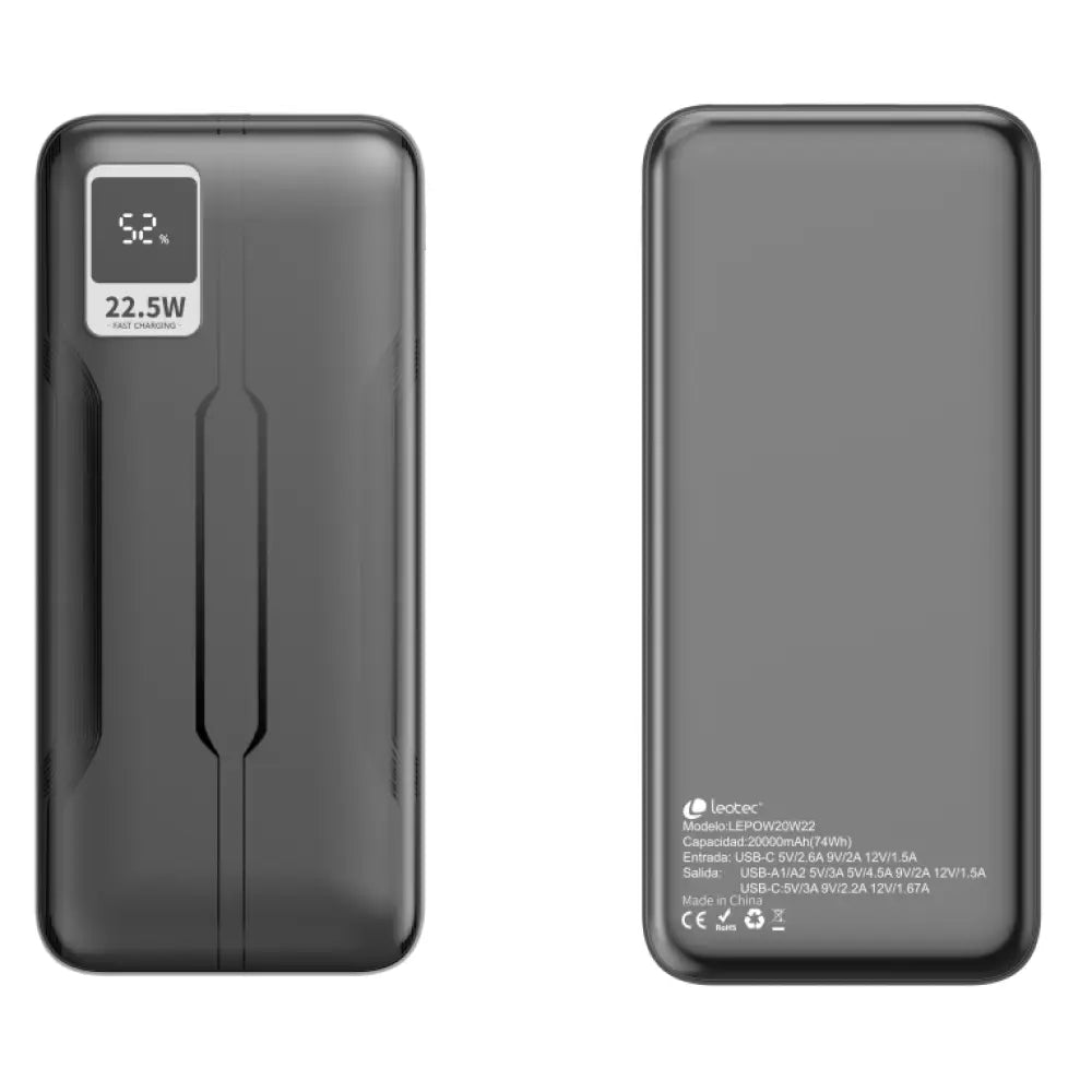 Powerbank LEOTEC LEPOW20W22K con batería de 20000 mAh y carga rápida PD de 20W en color negro, con puertos USB-C y USB-A
