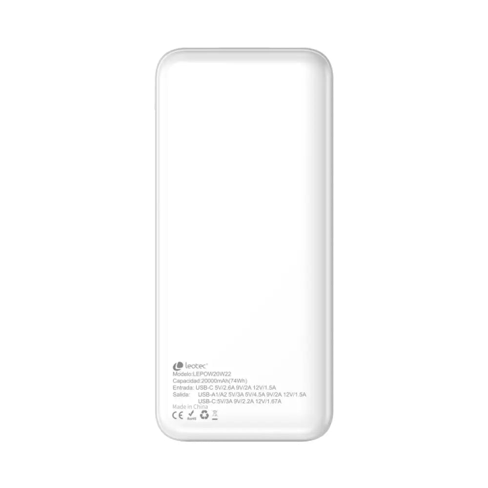 Powerbank LEOTEC LEPOW20W22W con batería de polímero de litio de 20000 mAh en color blanco, carga rápida y puertos USB-C y USB-A