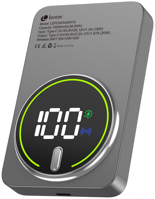 LEOTEC POWERBANK 10000MAH 20W FAST CHRG GRIS 1USB-C+WIRELESS INC CAB USB-A A USB-C 22,5W - detalle