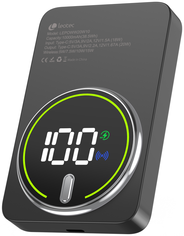 LEOTEC POWERBANK 10000MAH 20W FAST CHRG NEGRO 1USB-C+WIRELESS INC CAB USB-A A USB-C 22,5W - detalle