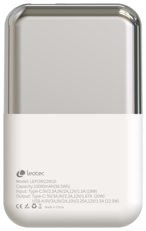 LEOTEC POWERBANK 10000MAH 22,5W PD20W CARGA RAPIDA BLANCO/PLATA 1USB-C+1 USB-A INCLUYE CABLE USB-A A - detalle